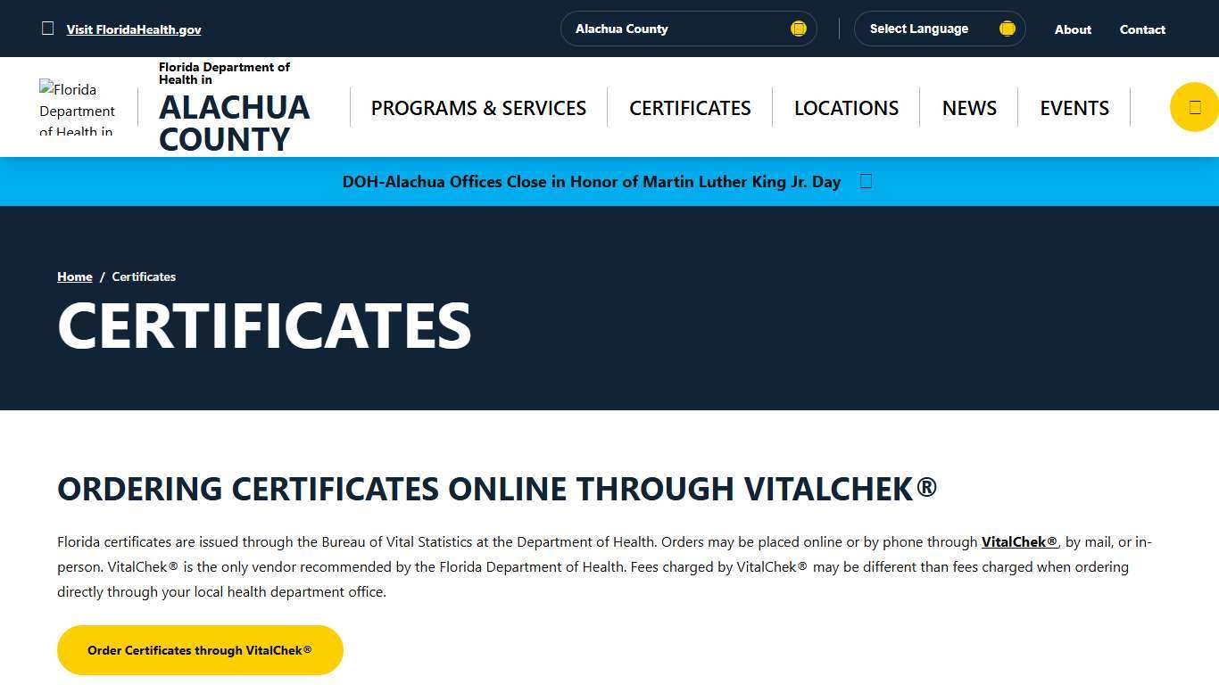 Certificates - Florida Department of Health in Alachua County